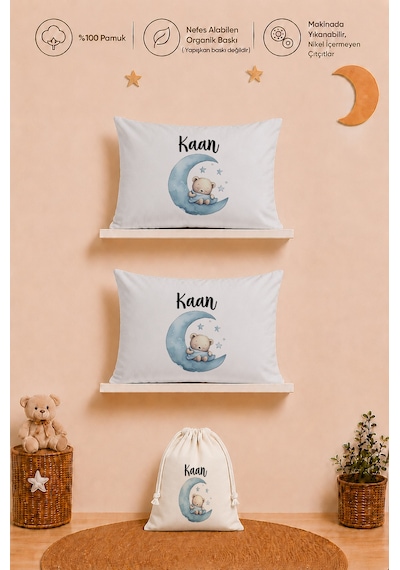 İsme Özel Erkek Bebek Hediyesi 2 Adet 35x45 %100 Pamuk Yastık Kılıfı Ve Ham Bez Bebek Kıyafet Kesesi 1071y2k3x