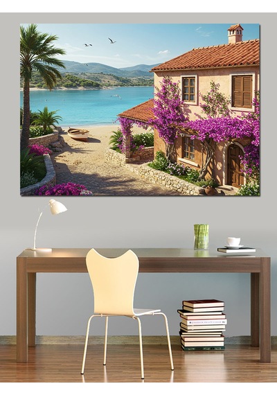 Mor Çiçekli Akdeniz Evi Dekoratif Kanvas - Mdf Ahşap Tablo