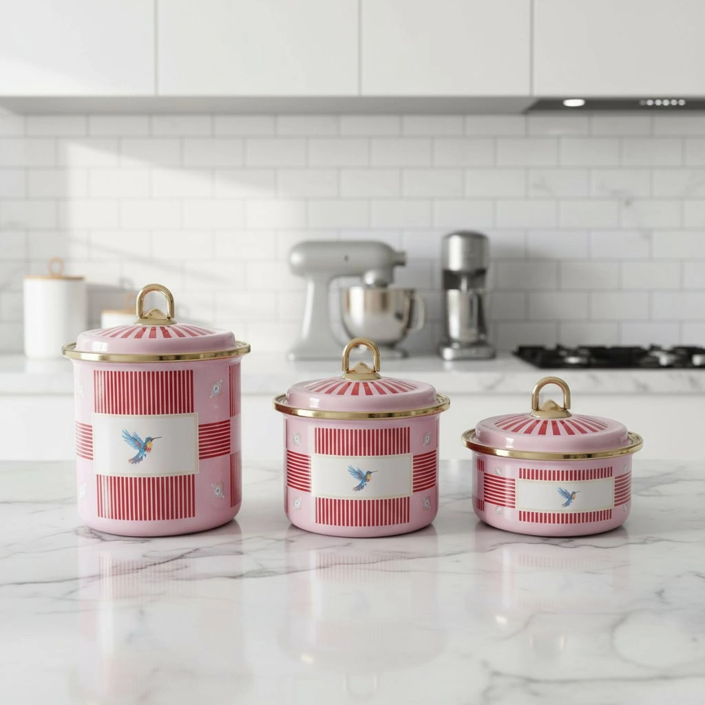 3 Lü Bird Studio Pembe Renk Kuş Desenli Emaye Tezgah Üstü Kavanoz Takımı - 950-650-400 Ml. Pembe