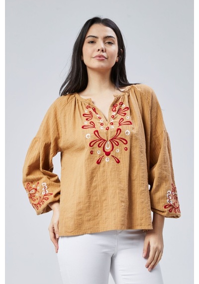 İşlemeli Bluz Şık Ve Rahat CAMEL