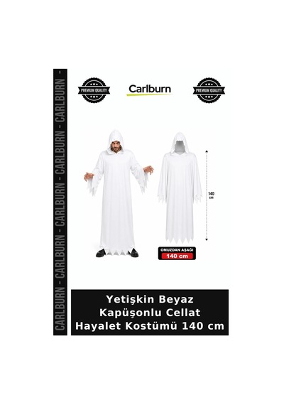 Yetişkin Beyaz Kapüşonlu Cellat Hayalet Kostümü 140 Cm Maskeli Balo Korku Konsepti Kutlama Ürünü Siyah