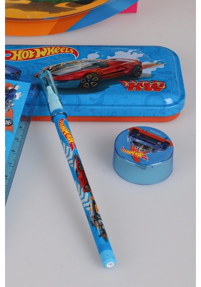 X Dekomus Lisanslı Hotwheels Özel Tasarımlı 5'li Kırtasiye Seti Metal Kalem Kutusu,cetvel,kalem Açık Gri
