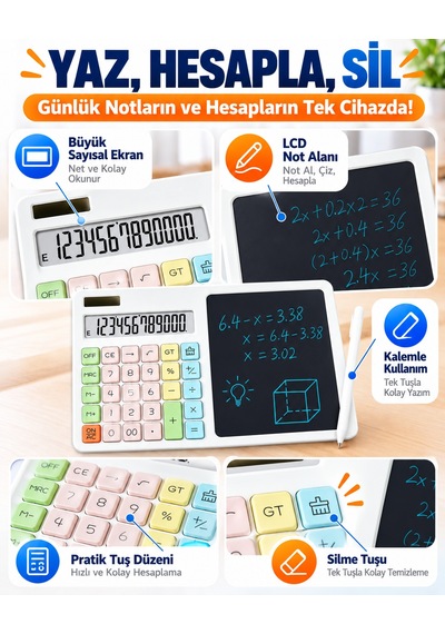 12 Haneli Güneş Enerjili Hesap Makinesi Lcd Yazı Tabletli Kalemli Pastel Renkli Masaüstü Hesap Makinesi Not Tableti Beyaz