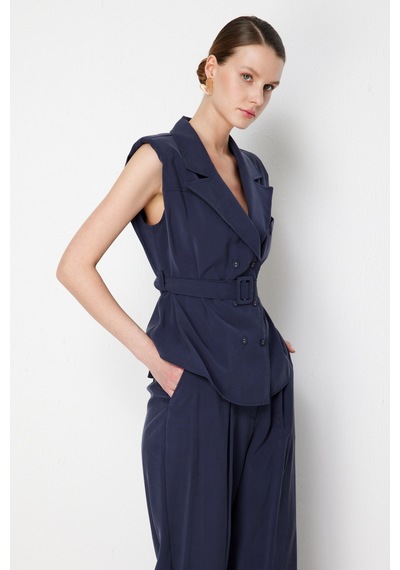 On Kadın Beli Kemerli Kruvaze Yelek 74908 Indigo Indigo