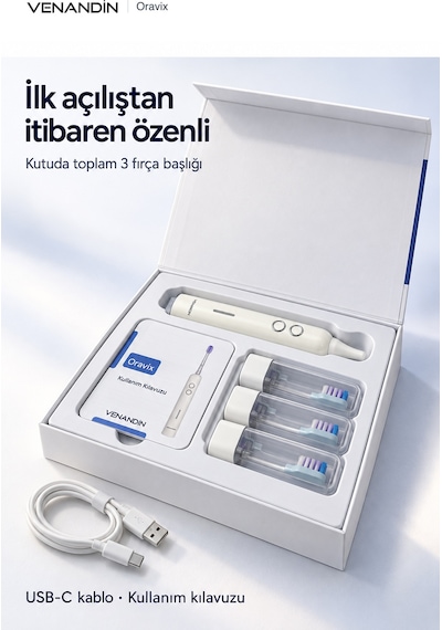 Vn/rv-001 Oravix Şarjlı Elektrikli Diş Fırçası 2000 Mah, Type-c, Ipx7, 3 Mod X 3 Yoğunluk, 3 Başlıklı - Beyaz