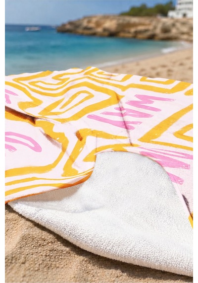 Yazılı Labirent Pembe Turuncu Plaj Havlusu - Geometrik Tipografik Hızlı Kuruyan Mikrofiber Havlu Çok Renkli
