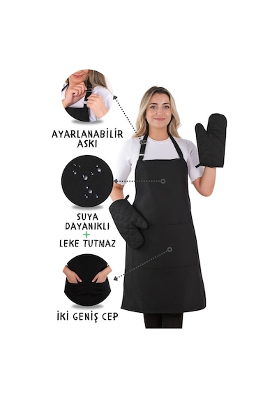 Simple 3lü Set Ayar Askılı Cepli Mutfak Önlüğü Seti 2 Eldiven Şef Garson Kafe Aşçı Barista Siyah