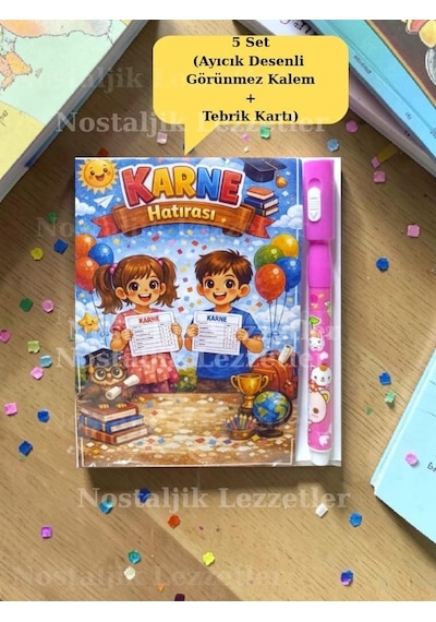 Karne Hediyesi 5 Set Ayıcık Desenli Görünmez Kalem Ve Tebrik Kartı