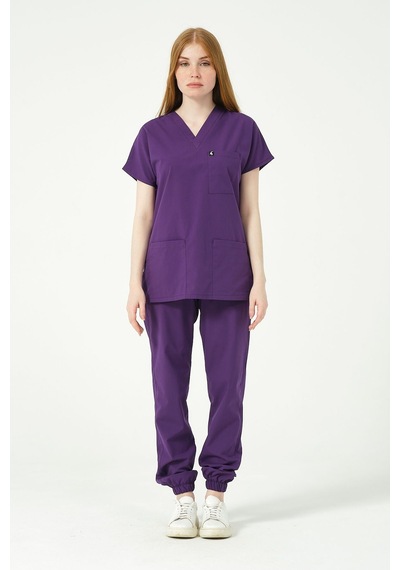 Mor Likralı Scrubs Jogger Paça Doktor Hemşire Forması Yarasa Kol Takım Unisex