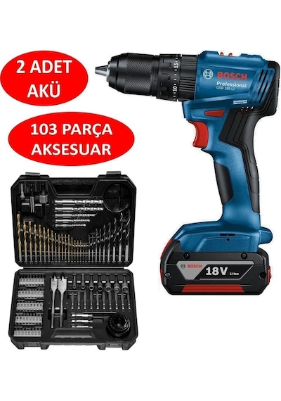 Bosch GSB 185-LI 2 x 2.0 Ah Çift Akülü Darbeli Matkap + 103 Parça V-line Karışık Uç Seti