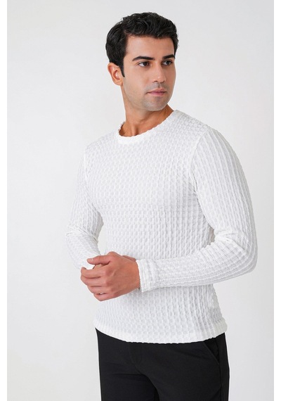 Efor Slim Fit Esnek Pamuklu Dokulu Kumaş Uzun Kollu Ekru Tişört Ts 934