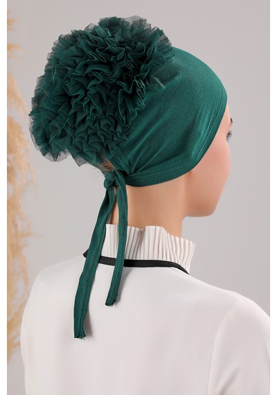 Melodi Scarf Kadın Tesettür Önü Dikişsiz Fırfırlı Penye Bone Zümrüt Yeşili