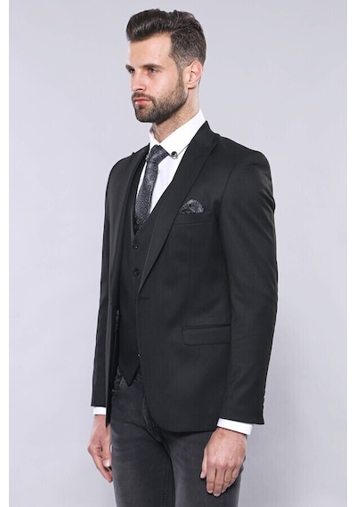 Düz Siyah Slim Fit Yelek Ceket Set Wessi 001