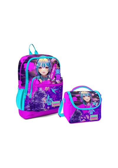 Coral High Dört Bölmeli Kız Çocuk Okul Sırt Çantası ve Beslenme Seti - Mor Pembe Anime Kedi