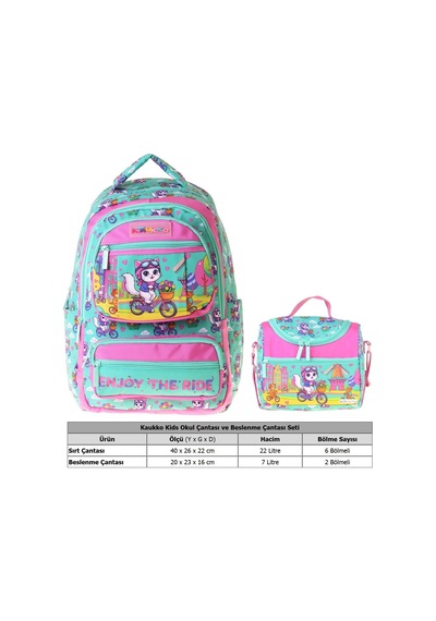 Kaukko Kids Cat Bike Kız Çocuk Yeşil - Pembe İlkokul Sırt Çantası Ve Beslenme Çanta Seti - Setkk-l5328b Çok Renkli