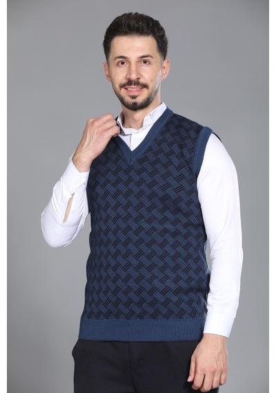 Kzc Tekstil Erkek Baba Ve Orta Yaş Desenli Akrilik Kalın Dokulu V Yaka Triko Süveter Mavi