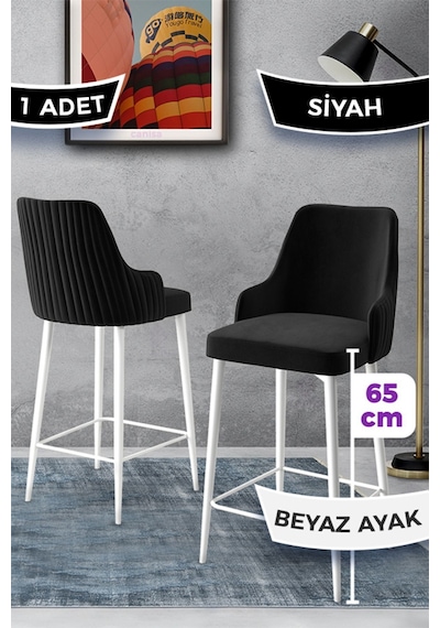 Canisa Tera Serisi 1 Adet 65 Cm Siyah Ada Mutfak Bar Sandalyesi Babyface Kumaş Beyaz Metal Ayaklı Sandalye Siyah Ayaklar Beyaz