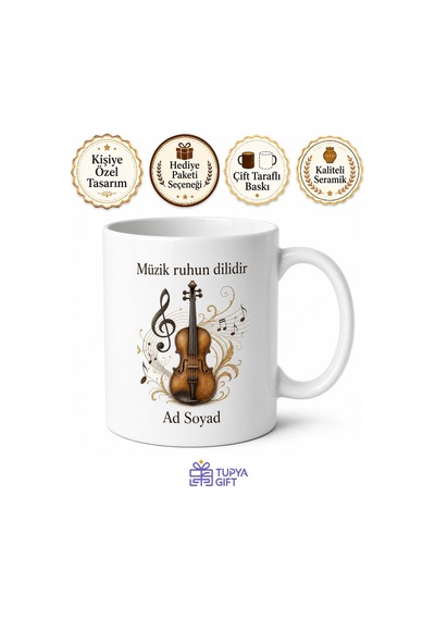 Keman Temalı Baskılı Kupa Bardak Müzisyen Hediye Porselen Mug Beyaz / Çok Renkli