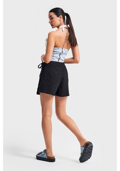 it's basic Kadın Taşlanmış Siyah Renk Belden Bağcıklı Denim Şort Etek