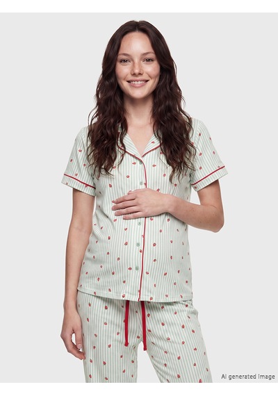Lcw Dream Ekru Gömlek Yaka Çilek Baskılı Hamile Pijama Takımı