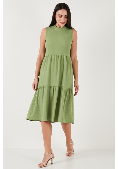 Lela Regular Fit Kolsuz Midi Bayan Elbise 5869008 Yağ Yeşili Lela Regular Fit Kolsuz Midi Bayan Elbise 5869008 Yağ Yeşili