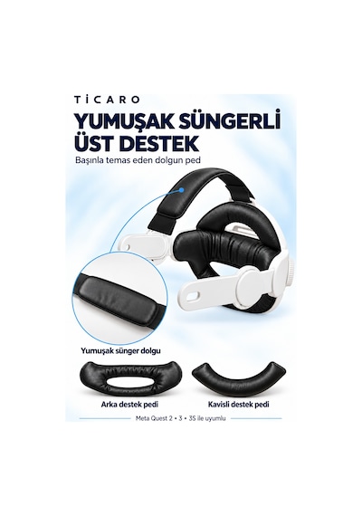 Tıcaro Meta Quest 2/3/3s İle Uyumlu Elit Başlık Kayışı, Ayarlanabilir Süngerli, Beyaz