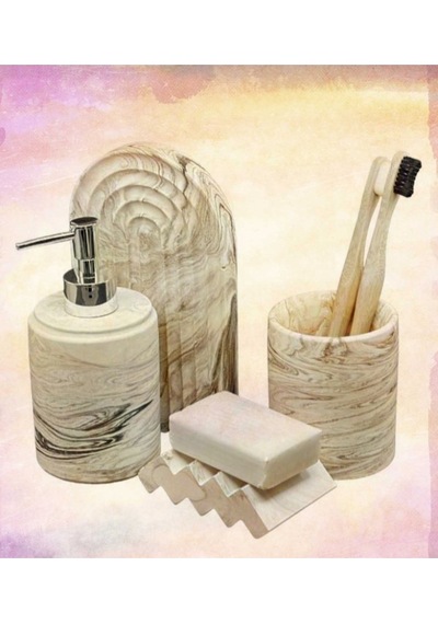 Marble Bej Serisi Banyo Seti,sıvı Sabunluk Diş Fırçalığı Beton Aksesuar Takımı... Gri