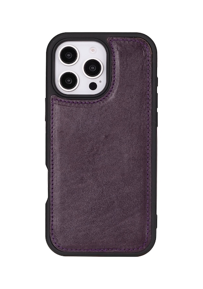 Bloomcase Apple Uyumlu iPhone 16 Pro Max Burgundy Hakiki Deri Cüzdanlı Telefon Kılıfı Mor