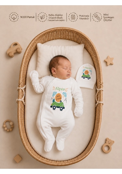 Pia Baby Erkek Bebek İsimli Hastane Çıkışı 6 Parça Tulum Şapka Eldiven %100 Pamuk Hediye Seti 2007tybk0x Krem