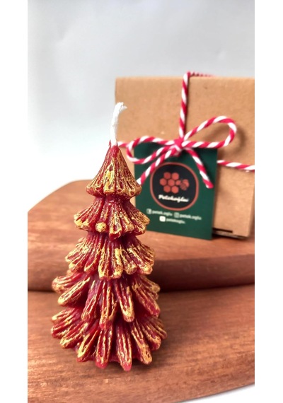 Petekoğlu Doğal Petek Balmumu Mum Kırmızı Altın Simli Çam Ağacı Boy 8.5 Cm Bal Mumu Beeswax Candle Diğer