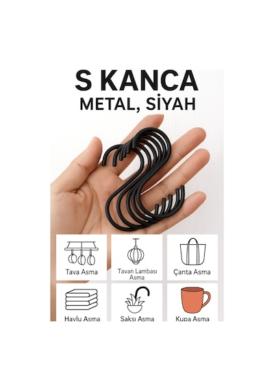2 Adet, Siyah Renk, 7,5 Cm, Metal Kanca, S Kanca, Es Kanca, Banyo Kanca, Demir Kanca Metal Siyah Diğer