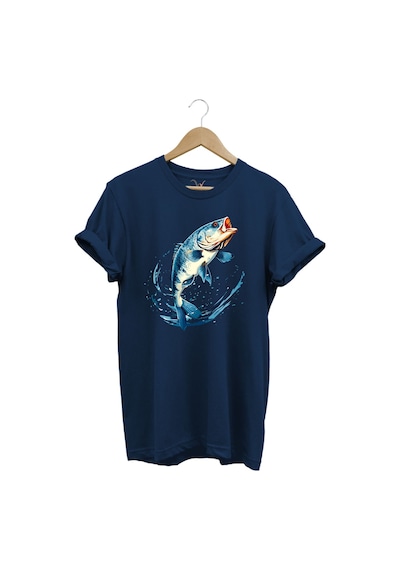 Balıkçılık Levrek Balığı Baskılı Renkli Tasarım %100 Pamuk Regular Fit Bisiklet Yaka T-shirt Lacivert
