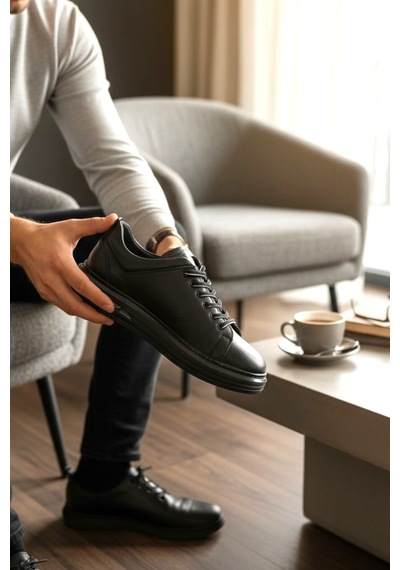 Enoch Hakiki Deri Siyah Günlük Bağcıklı Erkek Sneaker Comfort Taban Ayakkabı Siyah