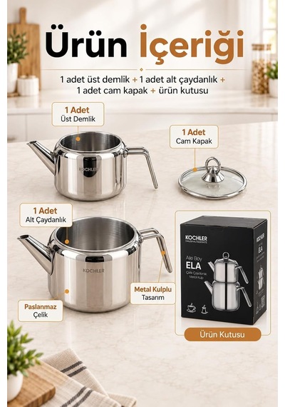 Tr Ela Aile Boy Çelik Çaydanlık Metal Kulplu Cam Kapaklı Çaydanlık Takımı Diğer