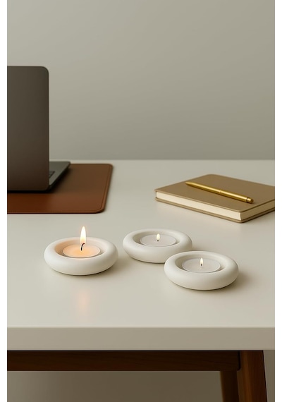 Dekoratif 3'lü Tealight Mumluk Seti Beton Görünümlü, Modern Tasarım Standart