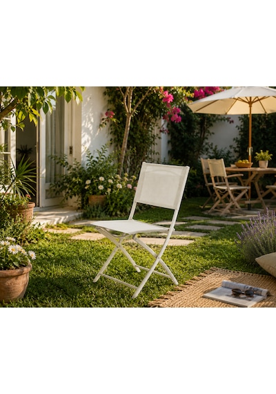 Katlanabilir Bahçe Ve Balkon Sandalyesi Krem Renk Çelik Gövdeli Metal Katlanır Dış Mekan Sandalyesi 84,5x50x46,5 Cm