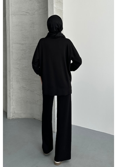 Feela Moda Kadın Modal Penye Oversize Tesettür Tunik Takım 2020 Siyah