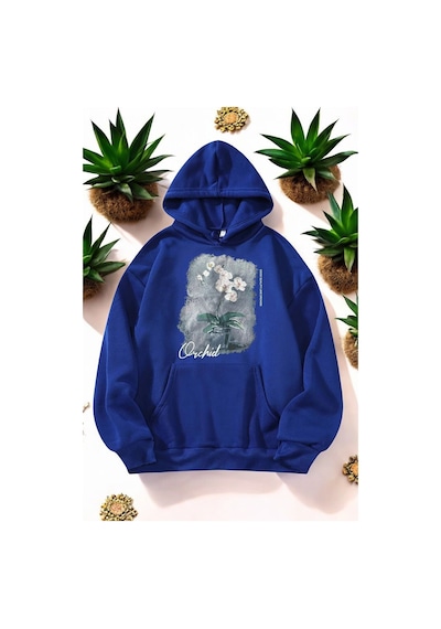 Uyguntarz Orkide Tuval Baskılı Unisex Oversize Sweatshirt Mavi