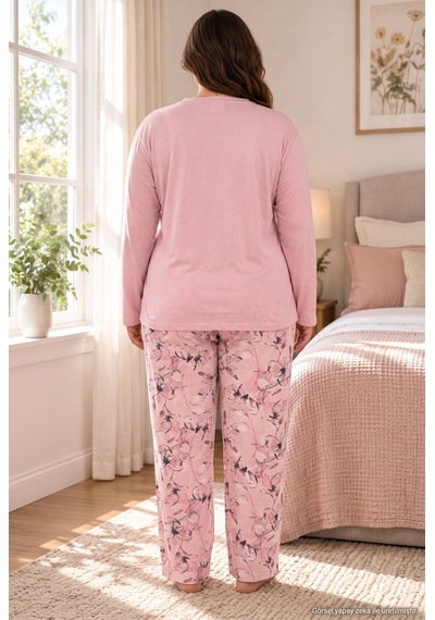 Seboteks Mevsimlik Kumaş Düğmeli Yaka Uzun Kollu Büyük Beden Kadın Pijama Takımı 1524 Pudra