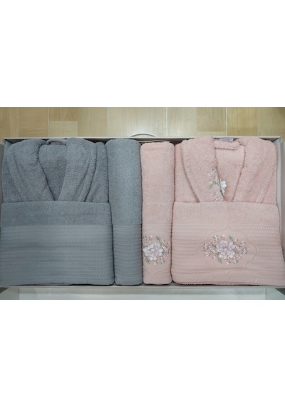 Hobby Line %100 Saf Pamuk Aile Bornoz Seti-pembe Gri Pembe - Gri