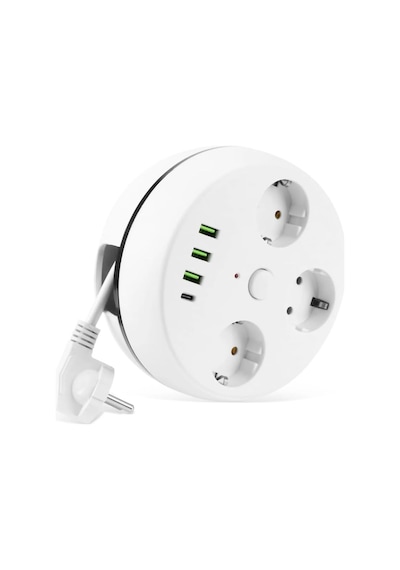 Vea 7 İn 1, Akım Korumalı Grup Priz, 3'lü, Anahtarlı, 3 Usb, 1 Type-c, 1.5 Metre Kablolu, Kablosu Toplanabilir Makar Standart