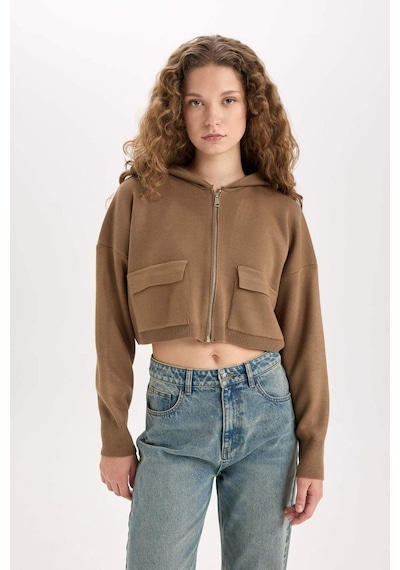 DeFacto Regular Fit Kapüşonlu Basic Düz Fermuarlı Triko Hırka E2270AXNSBN551 Kahve