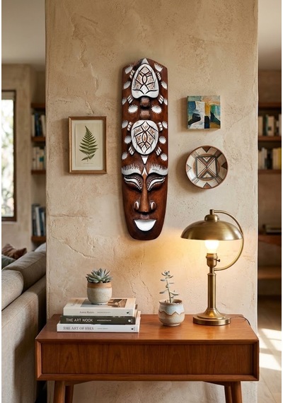Ahşap Totem Aborjin Tiki Mask 33 Cm El Yapımı Duvar Dekoru