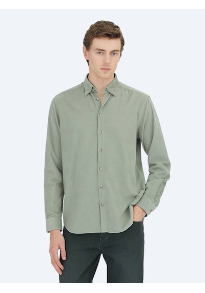 Kip Mint Çizgili Regular Fit Dokuma Kadife Casual %100 Pamuk Gömlek Mint