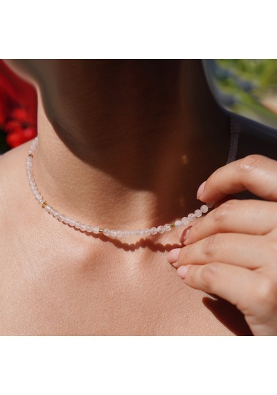 14 Ayar Altın Kaplama Gümüş Doğal Pembe Kuvars Taşlı Gümüş Kolye - Ngs00128