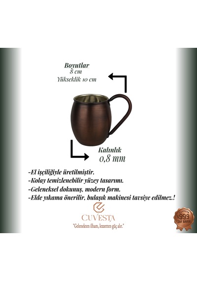 Cuvesta Modern El Yapımı Modern Bakır Bardak Oksit Renk 8x10cm
