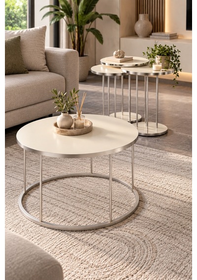 Sulorahome Gümüş Metal Ayaklı Krem Renkli 4'lü Sehpa Seti