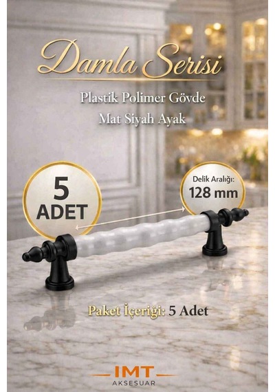 Damla Lüks Polimer Mobilya Kulpu 128 Mm Beyaz-siyah 5 Adet Mutfak Dolabı Çekmece Vestiyer Kulpu Siyah