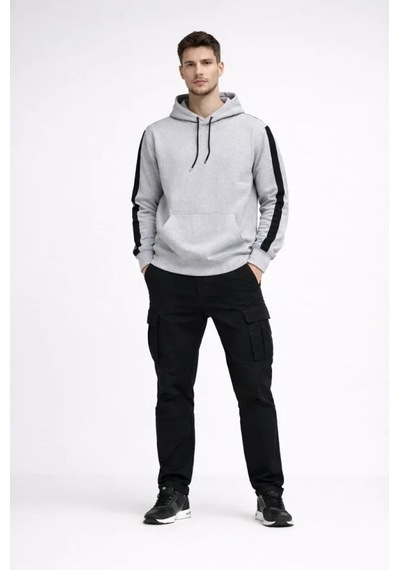 Etiler Collection Erkek Şeritli Kapüşonlu Sweatshirt Oversize 3 Iplik Pamuklu - Beyaz