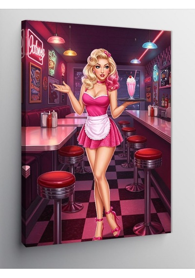 Kanvas Tablo Retro Kafede Pembe Elbiseli Kadın 100cmx140cm